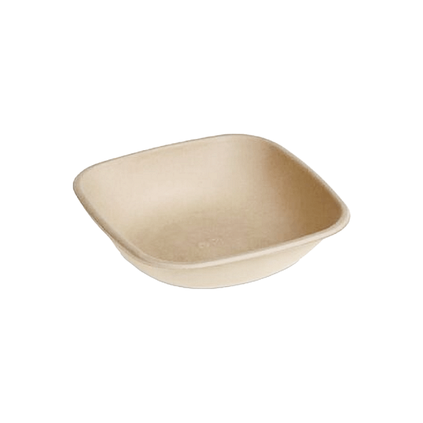 Piatti fondi quadrati avana in polpa di cellulosa 600ml con rivestimento in PLA. Confezione da 125 pezzi.