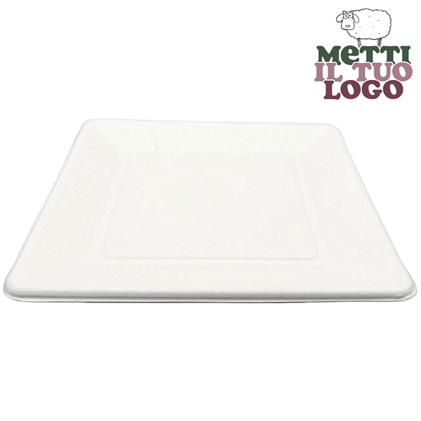 Piatti personalizzati bianchi quadrati 26 cm in polpa di cellulosa compostabile.