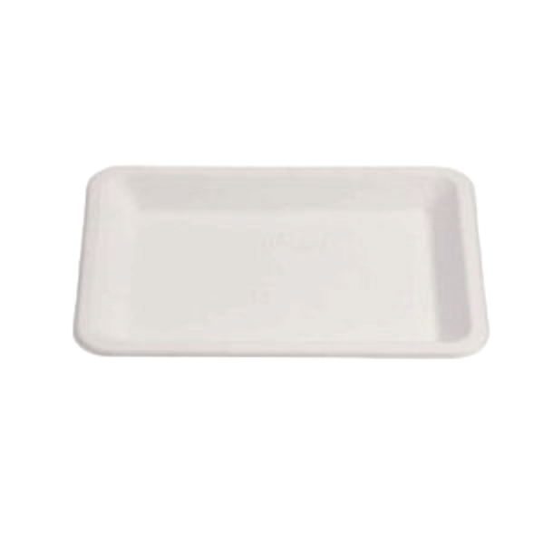 Piatti rettangolari compostabili 20x15 cm in polpa di cellulosa e PLA, confezione da 100 pezzi.