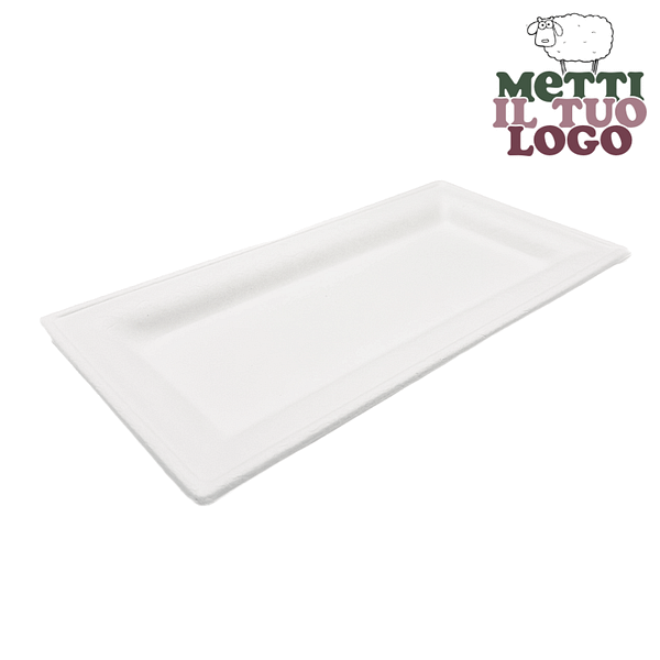 Piatti rettangolari personalizzati 26x13 cm in polpa di cellulosa compostabile. Ideali per eventi e catering eco-friendly.
