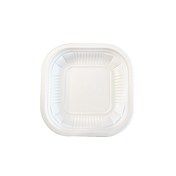 Piatti fondi quadrati 18x18 cm in bioplastica compostabile, confezione da 100 pezzi. Alternativa ecologica e resistente per zuppe e primi piatti.