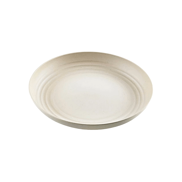 Piatto in plastica riutilizzabile beige, design neutro.
