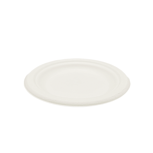 Piattini compostabili in polpa di cellulosa e bioplastica, diametro 15 cm, confezione da 100 pezzi.