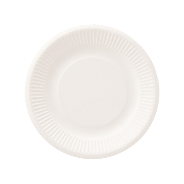 Piattini compostabili in carta bianca da 18 cm, confezione da 125 pz