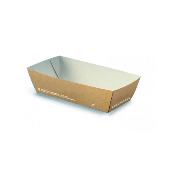 Vaschetta rettangolare in cartoncino avana con interno chiaro, compostabile e monouso per street food