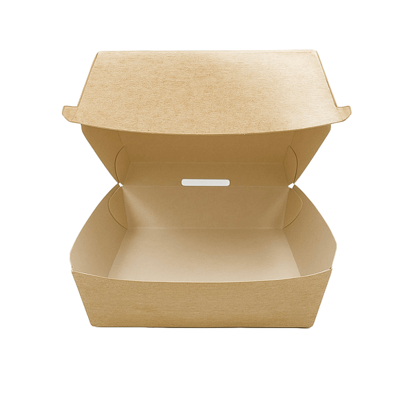Porta burger quadrato in cartoncino avana con rivestimento in PLA biodegradabile, dimensioni 12x12x7 cm, confezione da 100 pezzi.