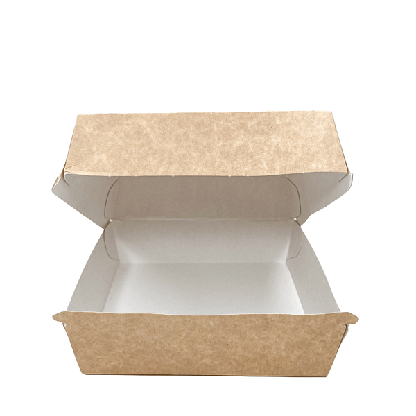 Porta burger quadrato in cartoncino avana e PLA, 17,5x17,5x8 cm. Ideale per hamburger extra-large e il take-away sostenibile.