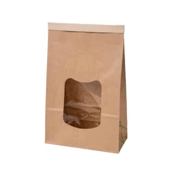 Sacchetti in carta kraft avana con finestra trasparente e chiusura tin tie, 15,5×7×24,2 cm, confezione da 400 pezzi.