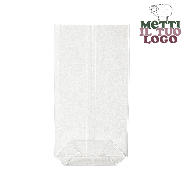 Sacchetti trasparenti in Natureflex™ 8+5x24 cm per confezionamento eco-sostenibile e personalizzato.