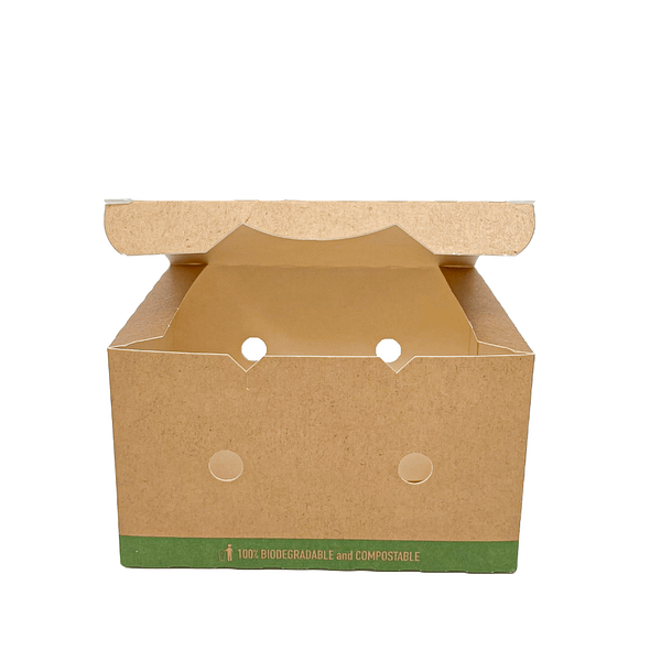 Scatola per fritti in cartoncino avana e PLA, dimensioni 12x10xh7 cm, con messaggio ecologico stampato, ideale per alimenti.