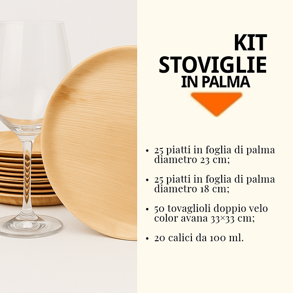 Kit stoviglie compostabili ed ecosostenibili per feste: piatti, tovaglioli, bicchieri.