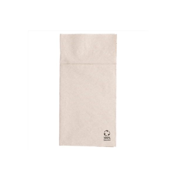 Tovagliolo in carta riciclata con tasca porta posate, confezione da 100 pezzi, compostabile e biodegradabile.