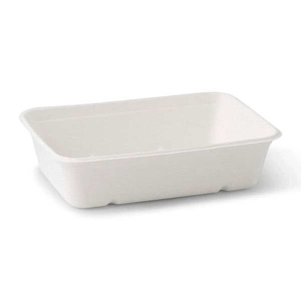 Vaschette rettangolari da 500 ml in polpa di cellulosa compostabile, ideali per cibi caldi o freddi