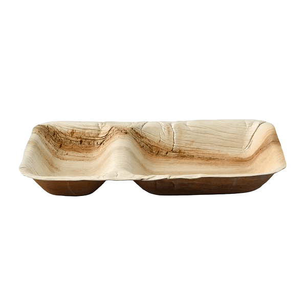 Assiettes apéritives jetables à deux compartiments en feuille de palmier, 25x15 cm, lot de 25.