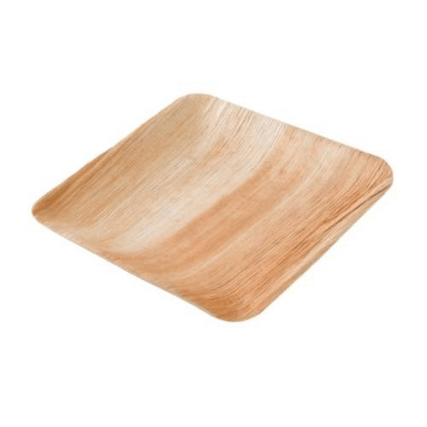 Assiettes carrées compostables 23×23 cm en feuilles de palmier, lot de 25.