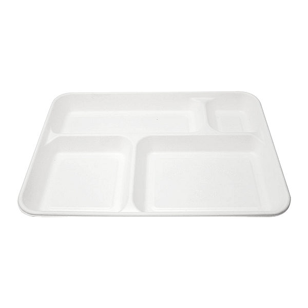Plateau compostable à 4 compartiments en pulpe de cellulose et PLA, 37×27 cm, pour restauration collective