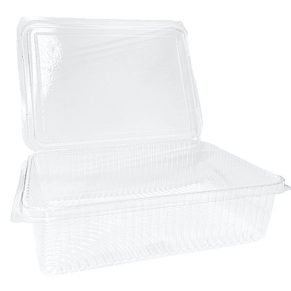 Plateaux alimentaires en bioplastique 1500 ml avec couvercle charnière, transparents et compostables.
