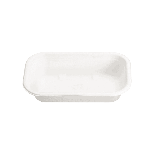 Plateaux alimentaires compostables en pulpe de cellulose 650 ml, rectangulaires et adaptés au contact alimentaire.