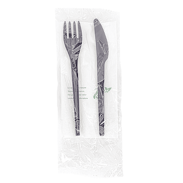 Couverts jetables noirs élégants en bioplastique compostables, sachet de 100 pièces.