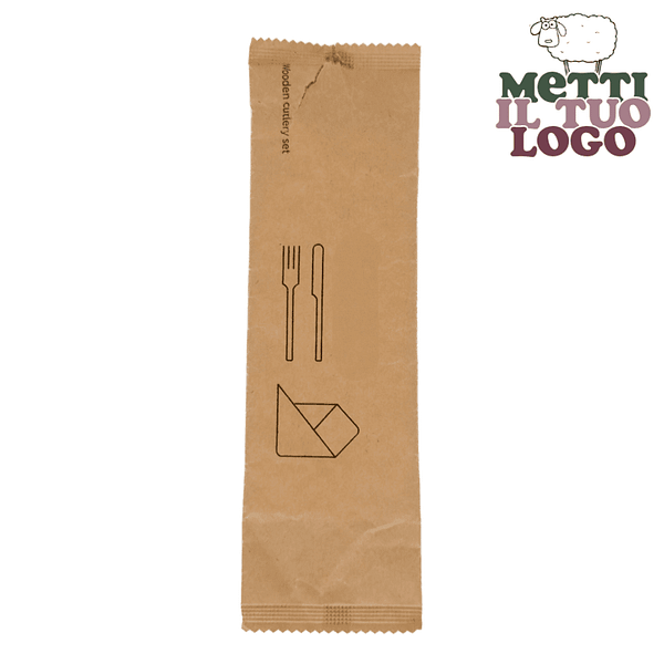 Couverts jetables personnalisés en sachet, fourchette et couteau compostables.