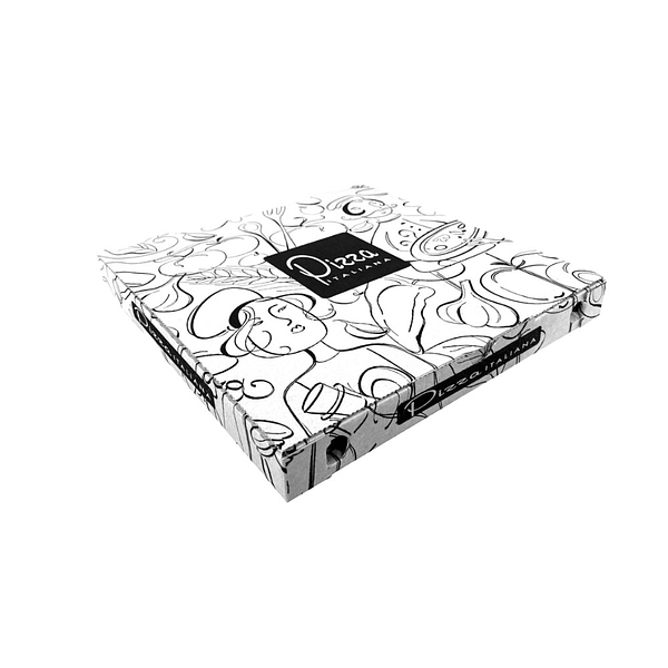 Boîtes à pizza blanches 33x33 cm, hauteur 3 cm, 100 pcs, avec oeillets latéraux pour ventilation et matériau recyclable.