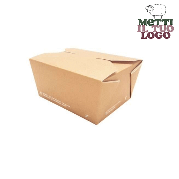Boîte alimentaire personnalisée avec revêtement écologique 750 ml, certifiée compostable et biodégradable, adaptée au contact alimentaire.
