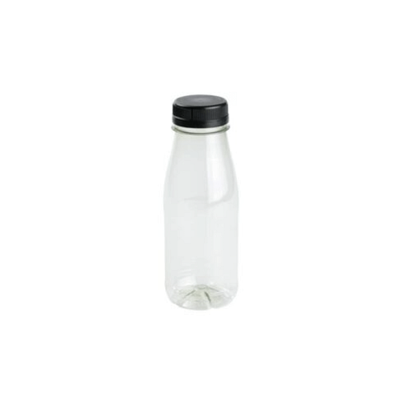 Bouteille 250 ml en PET recyclé avec bouchon noir.