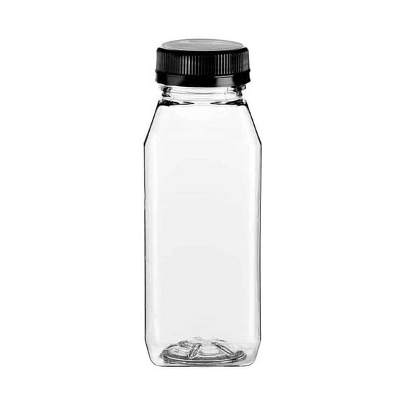 Bouteille transparente de 1 litre en plastique recyclé avec bouchon noir.