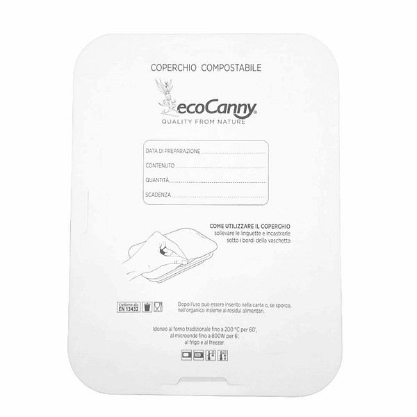 Couvercle compostable en carton pour plateaux 5-6 portions, résistant de -25°C à +200°C.