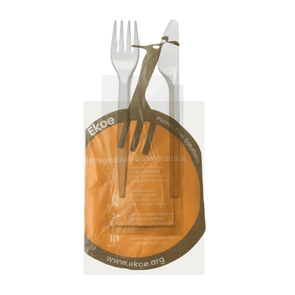Kit de couverts en Mater-Bi emballés, compostables et biodégradables, couleur blanche