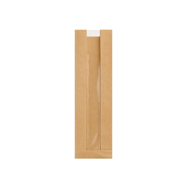 Sachets en papier kraft avec fenêtre PLA 10+5,5×35,5 cm pour baguettes, compostables et biodégradables.
