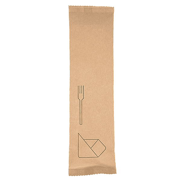 Fourchette en bois ensachée avec serviette compostable.