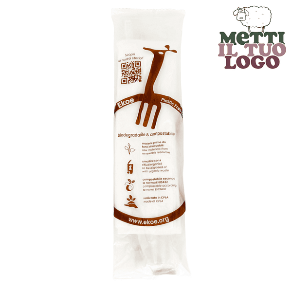 Fourchette compostable en CPLA avec serviette emballée individuellement.