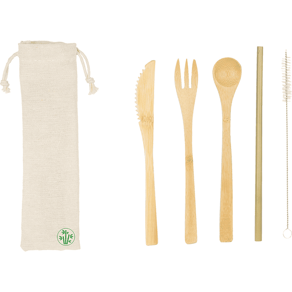 Kit de couverts de voyage en bambou avec paille et cure-pipe.
