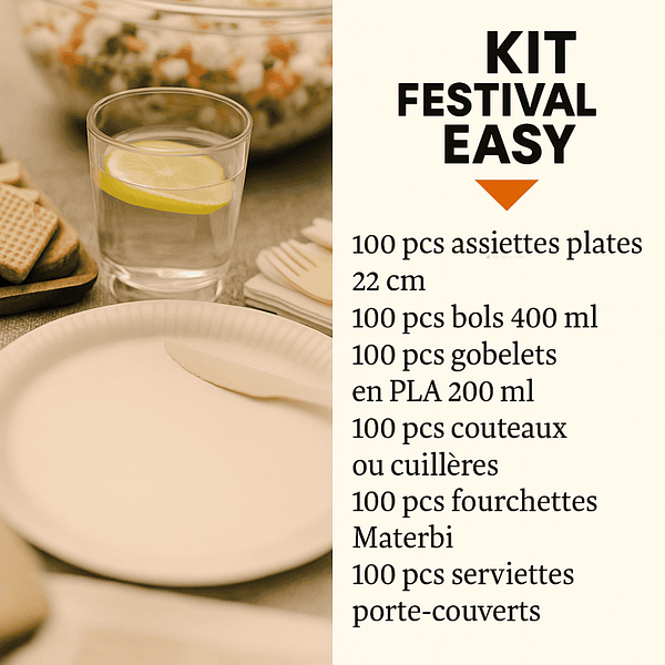 Kit de vaisselle compostable 100 couverts, idéal pour festivals et événements.