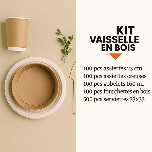 Kit de vaisselle en bois, 100 pièces, compostable et biodégradable.