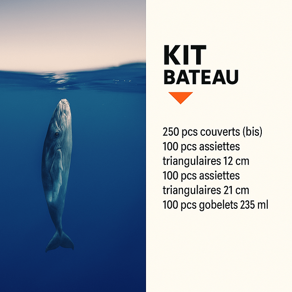 Kit de vaisselle jetable compostable Sail, 100 pcs, avec assiettes triangulaires, gobelets et couverts.