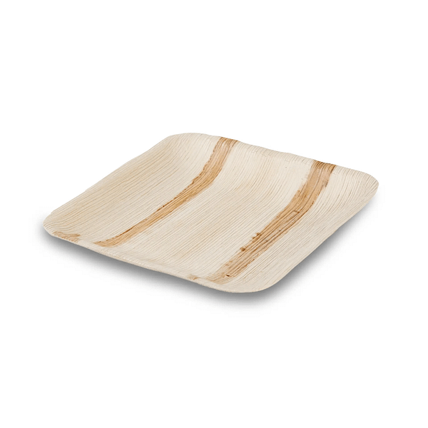 Piatti quadrati in foglia di palma compostabile 15×15 cm, confezione da 25 pezzi per catering e ristorazione.