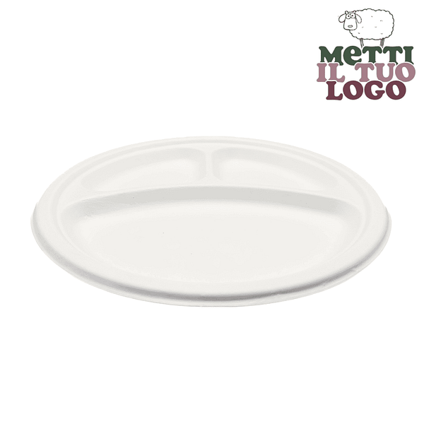 Assiettes blanches personnalisées à trois compartiments en pulpe, compostables.