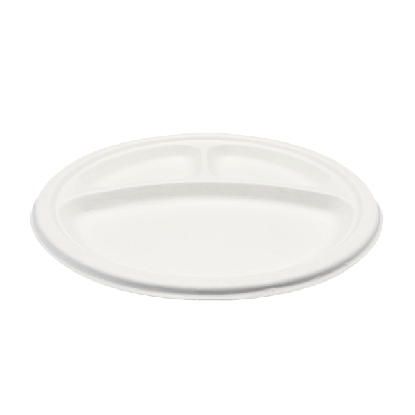 Assiettes à trois compartiments en pulpe de cellulose et PLA, lot de 100, compostables.