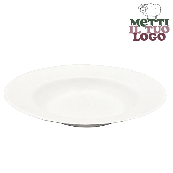 Assiettes rondes personnalisées en pulpe blanche 23 cm, compostables.