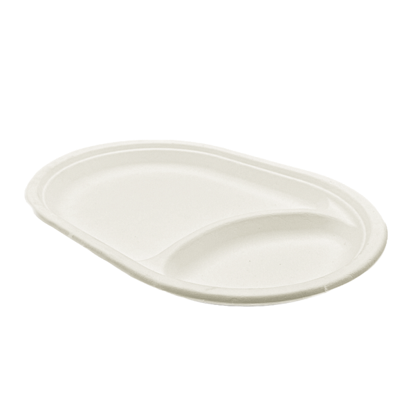 Plaques ovales à deux compartiments en pulpe, lot de 100, compostables et biodégradables.