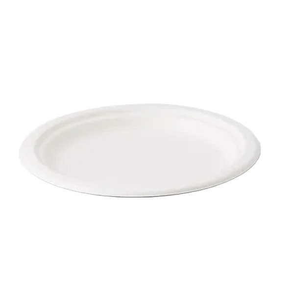 Assiettes plates en pulpe de cellulose et PLA ø 23 cm, lot de 50, compostables.
