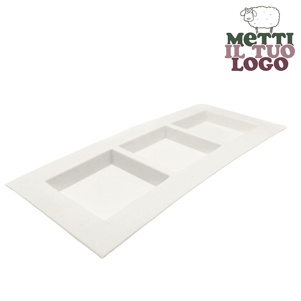Assiettes rectangulaires personnalisées à trois compartiments 26×11 cm, compostables.