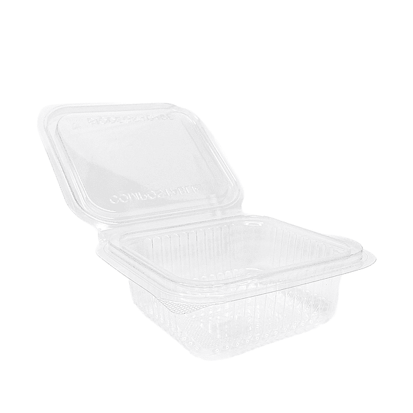 Plateaux transparents compostables avec couvercle pour aliments froids et tièdes, parfaits pour les salades et les mélanges.