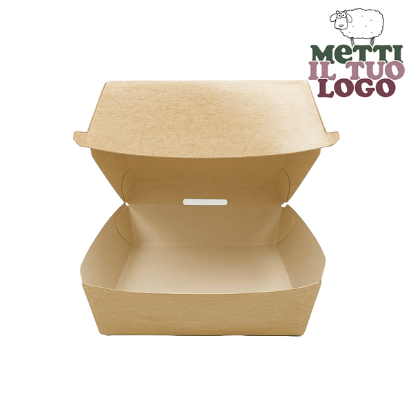 Porte-burger à emporter havane personnalisé 12x12x7 cm, compostable et biodégradable.