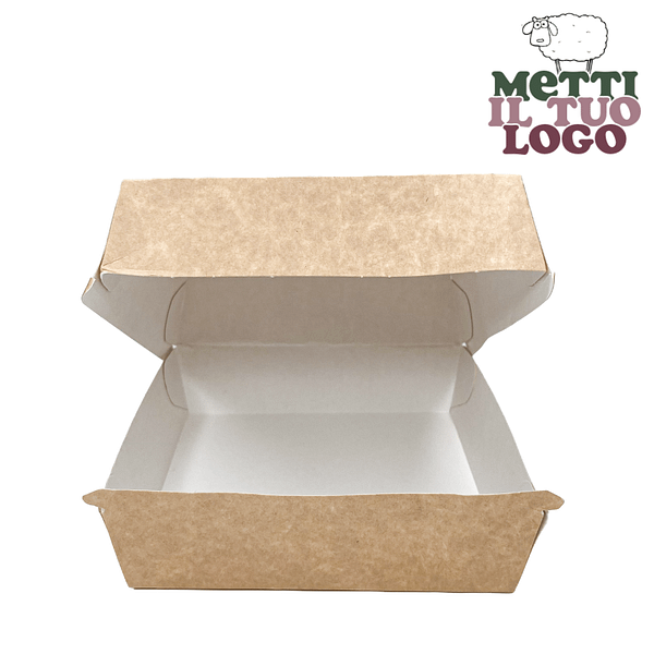 Porte-burger à emporter havane personnalisé 17,5x17,5x8 cm, compostable et biodégradable.