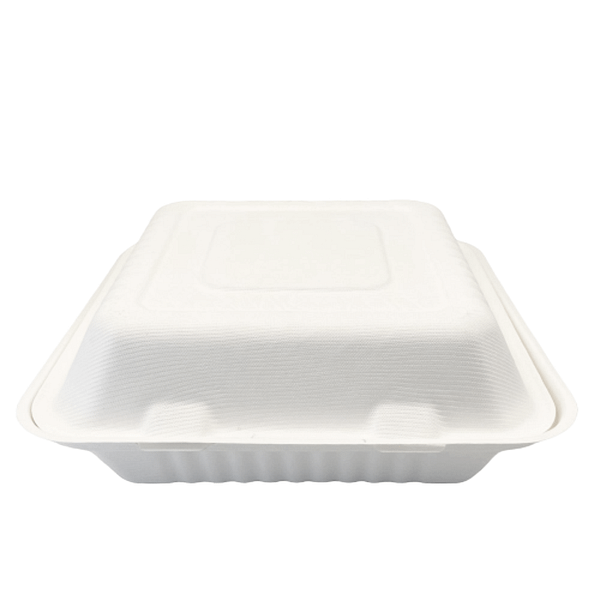 Récipient à trois compartiments en pulpe, compostable, avec couvercle.