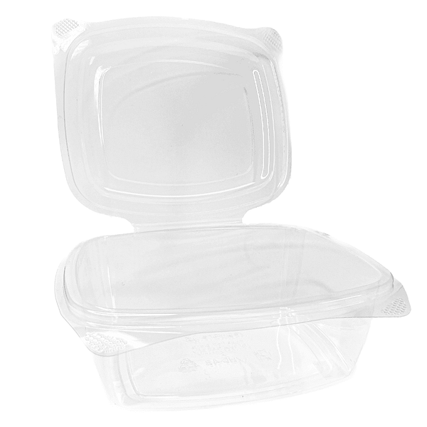 Plateaux alimentaires en bioplastique 1400 ml avec couvercle charnière, transparents et compostables, pour plats froids à emporter.
