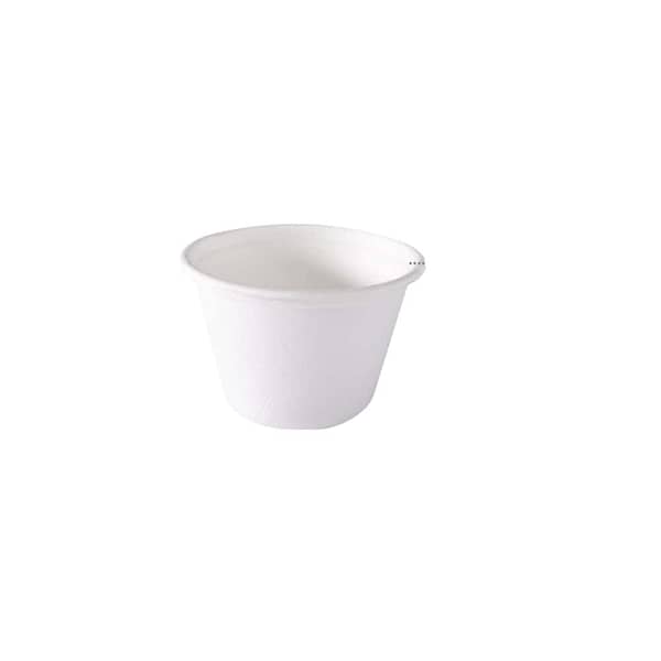 Récipient à sauce compostable en fibre de canne à sucre, 100 ml, sur fond blanc.